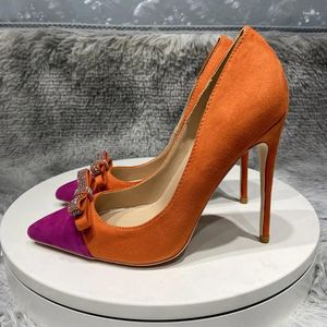 Zapatos de vestir Sexy Elegante Stiletto Bombas Naranja Púrpura Arco Patchwork Mujeres Flock Pointy Toe 8-12cm Tacón alto