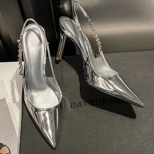 Zapatos de vestir Tacones altos brillantes Slingback Zapatos de mujer plateados Sandalias de cristal metálico Zapatos de tacón de aguja con punta puntiaguda Zapatos de vestir de fiesta Mujer 231016