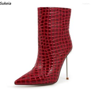 Robe chaussures Sukeia femmes hiver bottines bout pointu sexy métal talons aiguilles fermeture éclair joli banquet rouge dames taille américaine 5-13