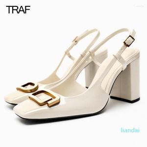 Chaussures habillées TRAF femmes bureau moderne mariage métal Slingback talons hauts blanc bloc talon printemps été 2023 pompes à talons femme grosse