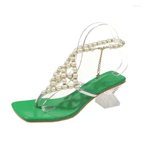 Zapatos de vestir Cristal transparente Super hermoso Tacón grueso Sandalias de punta cuadrada Mujer Verano Pearl Beach Roman