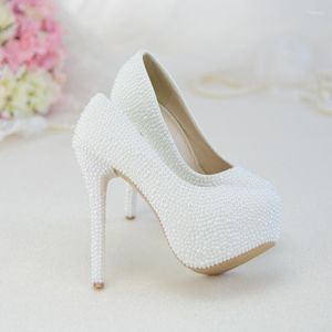 Zapatos de vestir Boda Perlas blancas puras Tacones altos Plataforma Novia Damas de honor Bombas Noche Tallas grandes 11 2 cm Cuñas Cómodas