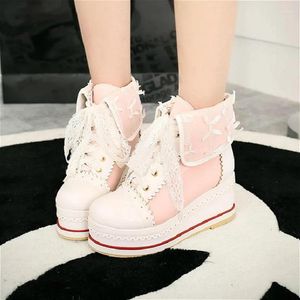 Chaussures habillées plate-forme de coin sweet lolita vintage rond tête 7cm de haut talon femme mignon bowknot kawaii loli cosplay fille lace