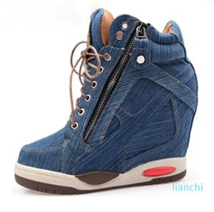 Chaussures habillées pour femmes Denim Wedges Sneakers Ladies Side Zipper Shoe Thick High Heel