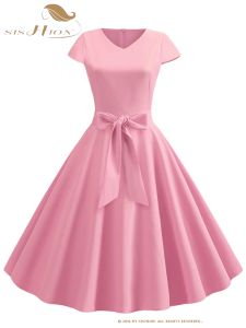 Vestido SISHION de poliéster barato para mujer, vestido de verano SR403, Color caramelo, manga casquillo, negro, azul, rosa, vestidos Vintage de los años 50