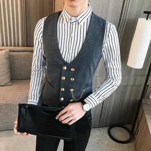 Chaleco de vestir para hombre, chalecos de traje de boda, abrigo de espera clásico de moda con doble botonadura para trabajo de barbero informal de negocios masculino 240105