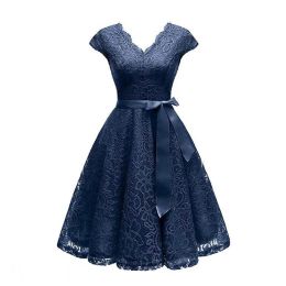 Robe col en v dentelle longueur aux genoux robes pour femmes à manches courtes robe pour femmes robe femme robes nouveauté Chic prix le moins cher