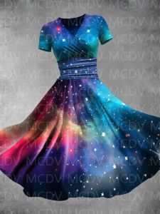Vestido de mujer colorido Aurora cielo estrellado gradiente estampado artístico vestido de dos piezas estampado 3D vestido Sexy con cuello en V vestidos femeninos