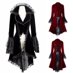 Vestido de mujer con encaje recortado, chaqueta con cordones, dobladillo con volantes, estilo punk victoriano, abrigo gótico, vestido de corte aristocrático medieval, talla grande