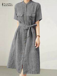 Robe zanzea mode chemise d'été de mode femme femme à manches courtes plaid à carreaux ol travail vestido boutons décontractés vers le midi robe robe femme