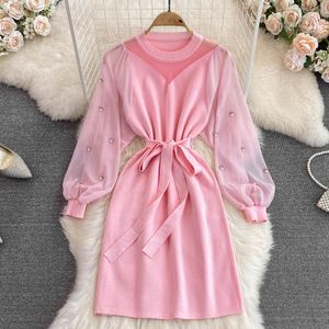 Vestidos 2022 Spring Autumn Tulle Patchwork Knit Dress Women's O Neck 3/4 Venaje de manga Mini Dress Elegant Sexy Club Party Dresses