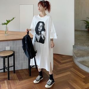 Vestidos #4202 verano negro blanco gris camiseta vestido estampado Midi vestido femenino algodón Harajuku Split manga corta Mujer camiseta vestido