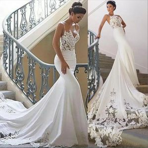 Dresses Cheap Mermaid Wedding Dresses Spaghetti Straps Lace Appliques Satin Illusion Sleeveless Court Train Beach Boho Arabic Formal Brida