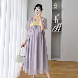 Robes Style chinois femmes enceintes robe violet manches courtes évasées col carré maternité robe en mousseline de soie grande taille robes de grossesse