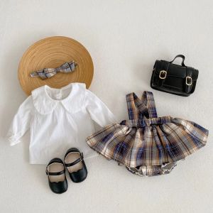 Vestidos Ropa linda para bebés recién nacidos 03 años Princesa Niños Manga larga Camisa con cuello Peter Pan Tops Vestido con tirantes a cuadros Trajes de mameluco