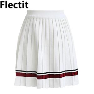 Flectit Mini-jupe plissée pour femme, taille haute, bordure rayée, mini-jupe tricotée, style Preppy pour lycéenne, en blanc et bleu marine