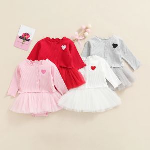 Vestidos FOCUSNORM 012M Conjuntos de ropa para niñas recién nacidas 4 colores bordar corazón chaqueta de manga larga + vestido de mameluco de tutú de encaje sin mangas