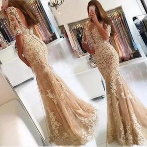 Dresses Formal Prom Party Gown Mermaid Evening Dresses Scoop With Half Sleeve FloorLength Sweep Train Applique Lace long Backless Sexy Il