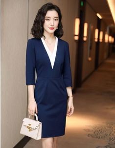 Vestidos media manga elegante azul de primavera de primavera de verano vestidos de caderas delgadas para mujeres trabajos de negocios ropa salón salón de salón