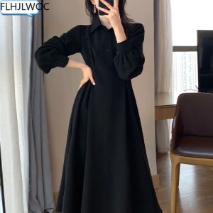 Vestidos Caliente Nuevo diseño Estilo coreano Moda para mujer Lindo Elegante Oficina Señora Una línea Larga Botón de un solo pecho Botón Camisas negras Vestido