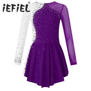 Vestidos Vestido de baile de ballet para niñas, trajes de bailarina decorados con diamantes de imitación brillantes de manga larga, patinaje artístico, vestido de actuación de danza