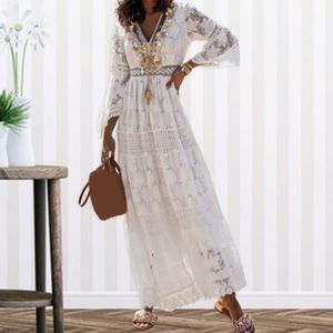 Robes Robe longue femmes Boho dentelle Maxi robe d'été plage vacances blanc robes de mariée dames rétro col en V robe d'été Ropa Mujer