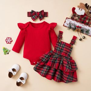 Robes mababy 018M noël nouveau-né infantile bébé fille vêtements ensembles à volants tricot barboteuse Plaid bouton jupes tenues Costumes de noël D05