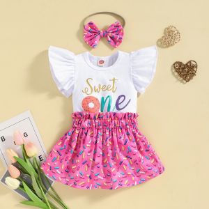 Vestidos mababy 018M Conjunto de ropa para bebés recién nacidos con volantes y letras, mameluco con estampado de donas, faldas, disfraz de cumpleaños y verano D01