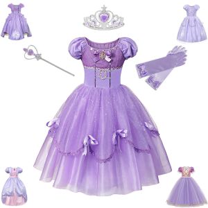 Vestidos Nuevos niños Princesa Púrpura Fiesta de cumpleaños Vestido de manga abullonada Vestido de fiesta de tul floral para niñas bebés Cosplay Customes 210t