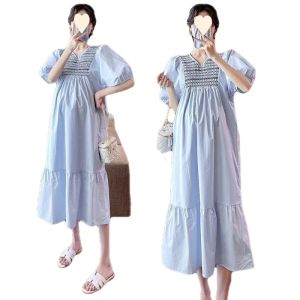 Robes Robe d'été pour femmes enceintes mode pur coton frais col en V ample grande taille vêtements de maternité manches bouffantes robes de dame bleu