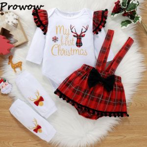 Vestidos Prowow My First Christmas Baby Girl Ropa Ruffle Romper + Faldas con tirantes a cuadros 2023 Disfraz de Año Nuevo Traje de Navidad para bebé