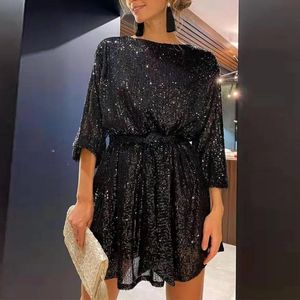 Vestidos lentejuelas para mujeres cinturón de manga larga mini fiesta de fiesta de fiesta sueltas damas sólidas bling moda vestidos 2022 vestidos formales de año nuevo