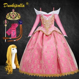 Robes Sleeping Beauty Halloween Carnival Costume Child Lace Girls Girls Princess Aurora Robe Rose Broiderie Party Robe Pérator