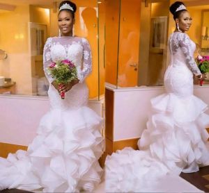Robes South African Nigerian Sirène Robes de mariée plus taille 2021 Manches longues Cou Bodycon Conte de poisson Bouches nuptiales