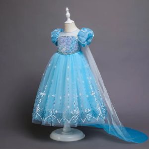 Robes d'été fille congelée Elsa robe enfants fête à manches courtes mode princesse robe petite fille cadeau d'anniversaire vêtements de noël + cape