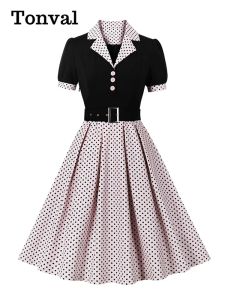 Vestidos Tonval Negro y Polka Dot Vestidos plisados Vintage Collar con muescas 2024 Elegante Summer Women Manga corta Vestido retro de los años 50