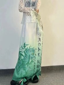 Vestidos Vintage Faldas de estilo chino Mujeres Impresión de bambú Fashion Falda Saia Saia 2023 Nuevo verano Japonés Long Split Jupe Femme