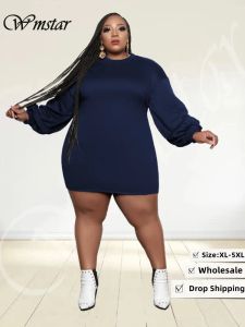 Robes Wmstar grande taille robes femmes bouffée à manches longues solide décontracté doux élégant Mini robe automne vêtements en gros livraison directe 2022