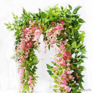 Flores secas baratas 2M wisteria flor artificial vid corona decoración de boda planta falsa hoja ratán hiedra R230612