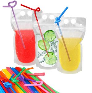 Drink Pouches with Straw Smoothie Bags Juice Pouches with 100 Drink Straws, Heavy Duty Hand-Held Translucent Reclosable Ice Drink
