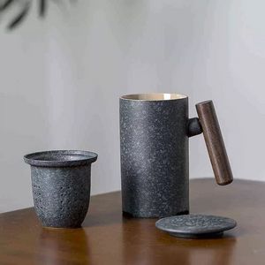 Taza de café de cerámica vintage de estilo japonés, vaso con esmalte de óxido, taza para fugas de té con mango de madera, taza de agua para el hogar y la Oficina