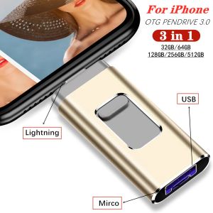 Drives pour iPhone iPad ISO 3IN1 USB 3.0 Drive flash 256 Go 128 Go 64 Go 32g Metal Pendrive Android OTG Mirco USB Memory Stick Custom Logo