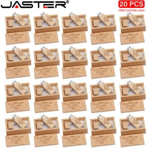 Drives Jaster 20pcs / lot en bois USB 2.0 Drive flash 128 Go Drive de logo gratuit 64 Go de bambou avec boîte de mémoire Box Business Creative U Disque