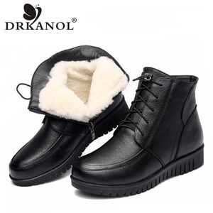 Drkanol Winter Snow Classic Black Genuine Leather Grueso Fur de lana Tobillo Tobillo Low Heel Botas para mujeres Y200114 Gai Gai Gai