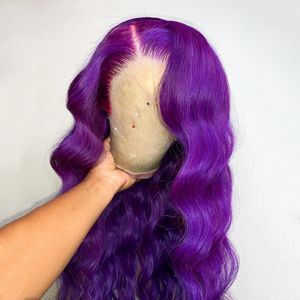 Dropship peluca colorida Color púrpura ondulado suizo transparente encaje frente pelucas de cabello humano virgen brasileño