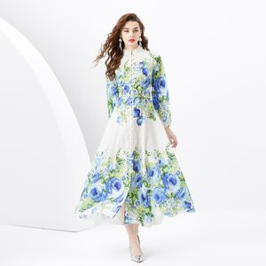 Vintage Floral Imprimé Femmes MAXI Robes Stand V Veille de cou Bouton Bouton Front Long Mandoues A-Line Holiday Vacation Wholesale Spring Summer Fall Fall Dropshipping