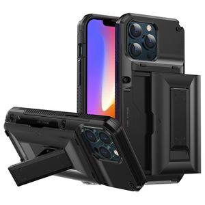 Premium Kickstand Card Slots Heavy Duty TPU PC Cas de téléphone antichoc pour iPhone 13 12 11 Pro Max Mini XR XS X 6 7 8 Plus avec de jolis sacs OPP