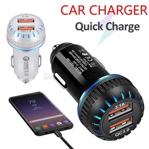 Cargador de coche rápido USB DUAL AUTO CARGA RÁPIDA QC 3.0 LED Encienda la iluminación 2 Adaptador de puerto de carga para iPhone Samsung Mobile Smart Phone