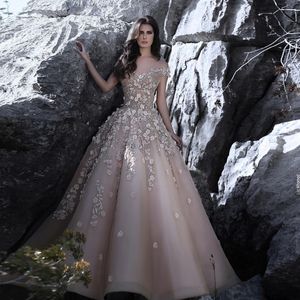 Dubai 3D-Floral Robes de bal Sparkly Appliques Perles Encolure robe de bal Tulle Party Dress Sexy Glamorous Saoudite robe de soirée formelle Gow