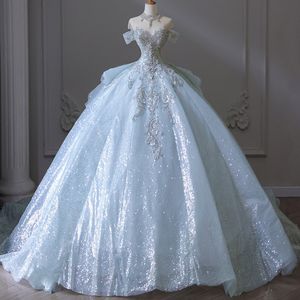 Dubai Árabe azul vestido de bola Vestidos de novia Princesa con cuentas de cristal Tallas grandes Cariño Sin respaldo Tren de barrido Vestidos de novia Bling Lujo Rebordear Lentejuelas Vestidos de novia